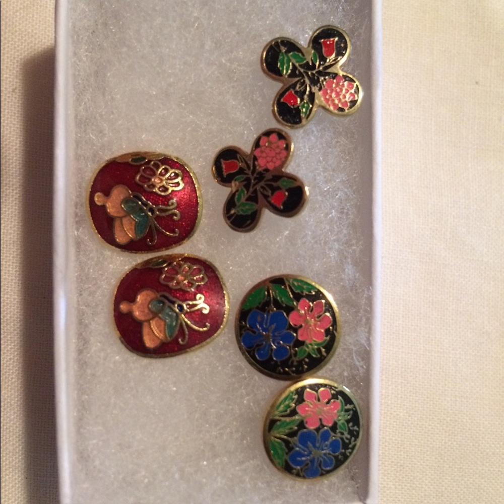 Cloisonné look vintage earrings lot of 3
